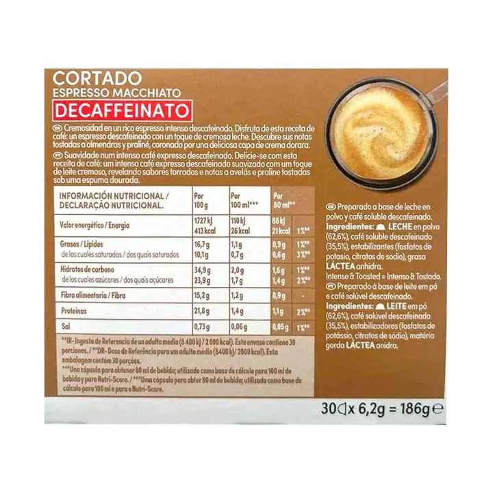 Nescafé Dolce Gusto Cortado Descafeinado 30 cápsulas VALOR NUTRICIONAL
