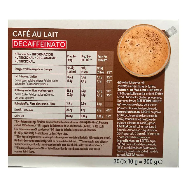 Valor energético Cafe con leche Descafeinado Dolce Gusto