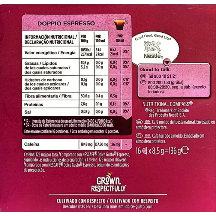 Valor energetico Doppio Espresso  Dolce Gusto 16 unidades Vietnam y Sudamerica