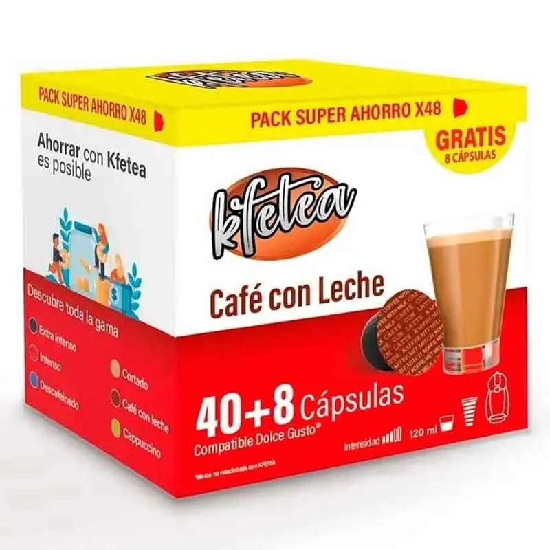 Café con Leche Dolce Gusto compatible marca Kfetea 48 cápsulas, Formato Super Ahorro