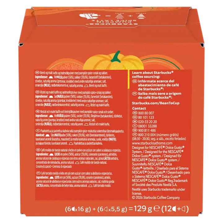 Ingredientes e información nutricional Pumpkin Spice Latte Starbucks Dolce Gusto